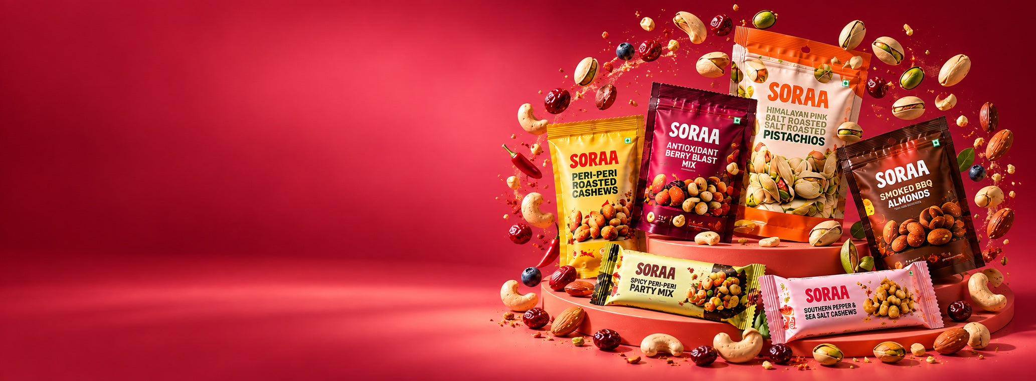 SORAA snack range on a bold berry-red campaign background.