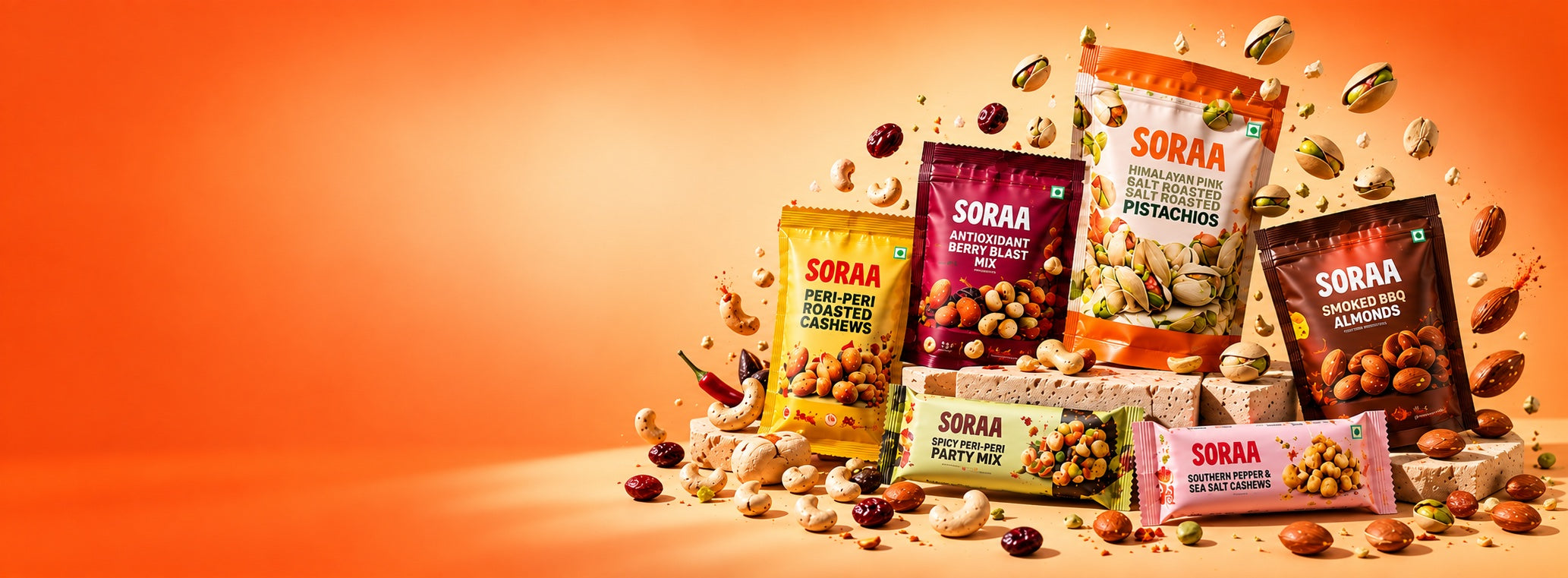 SORAA snack range on a warm peach campaign background.