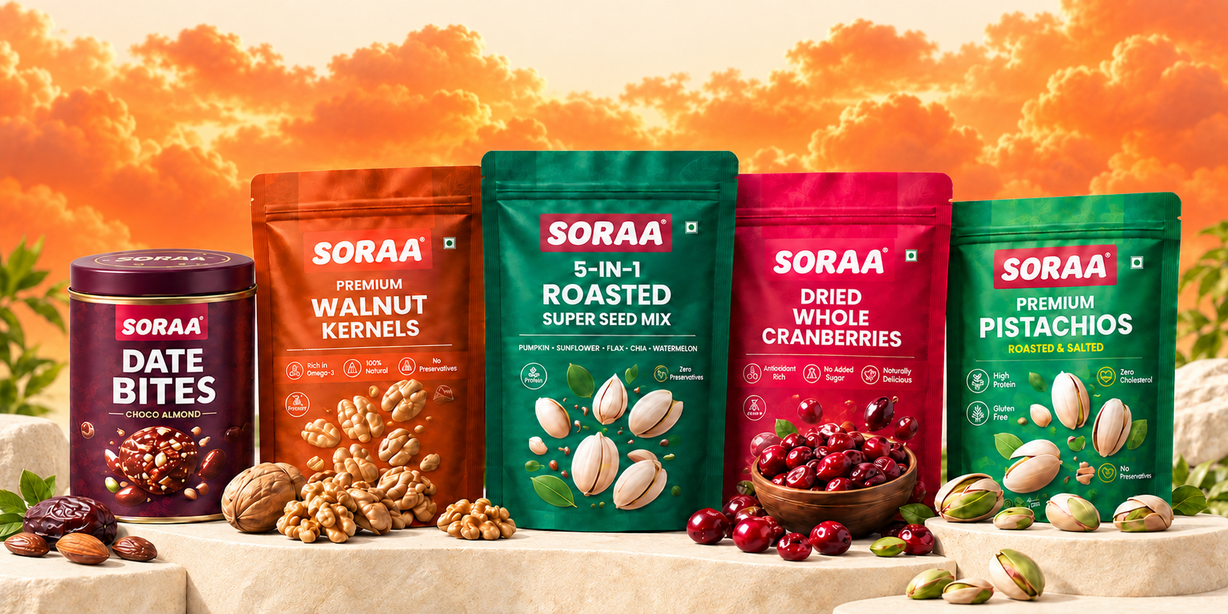 SORAA date bites, walnut kernels, roasted super seed mix, dried cranberries and pistachios against bold orange clouds